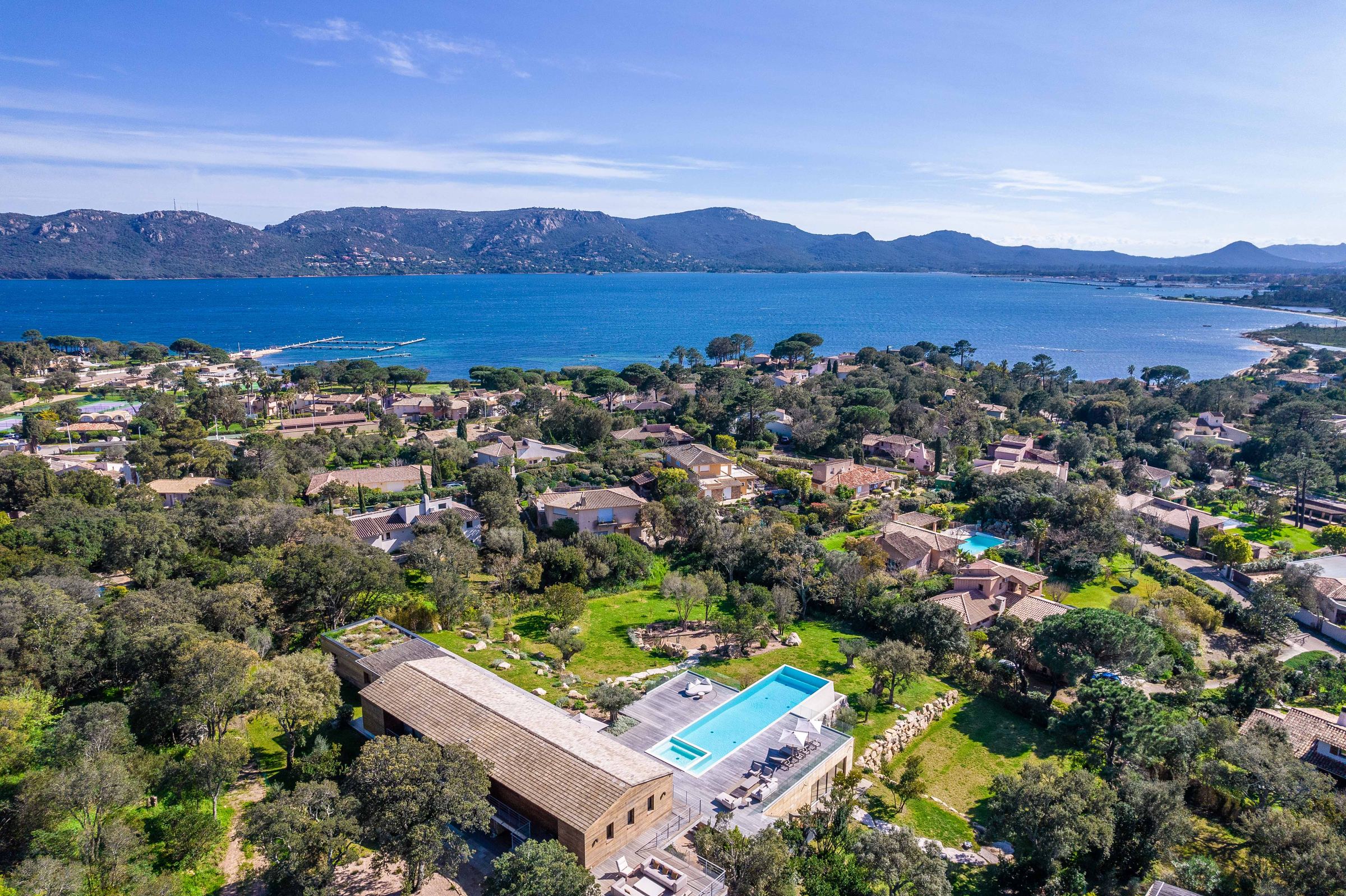 Aerial view over the estate towards the Gulf of Porto-Vecchio
